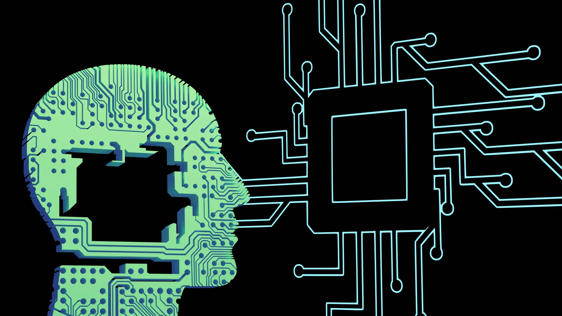 AI and machine learning concept - Circuit-board human profile connected to a microchip